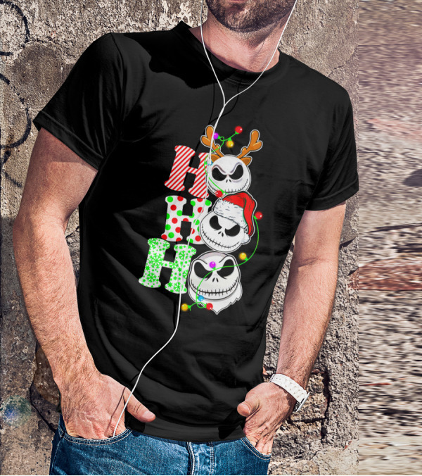 Ho Ho Ho Jack Skellington Christmas Lights Reindeer Antlers Santa Hat T-Shirt