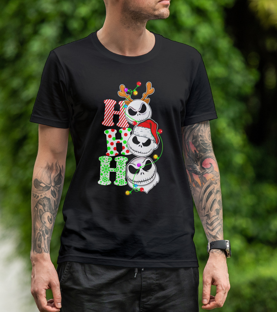 Ho Ho Ho Jack Skellington Christmas Lights Reindeer Antlers Santa Hat T-Shirt