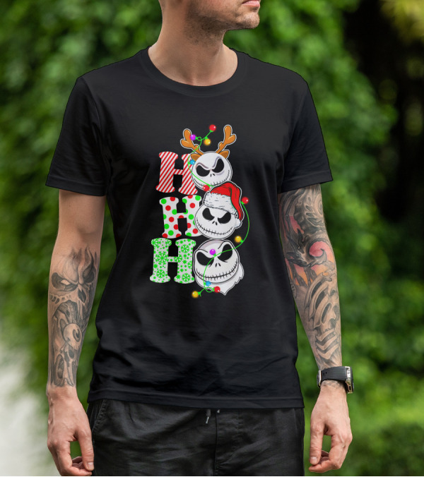 Ho Ho Ho Jack Skellington Christmas Lights Reindeer Antlers Santa Hat T-Shirt