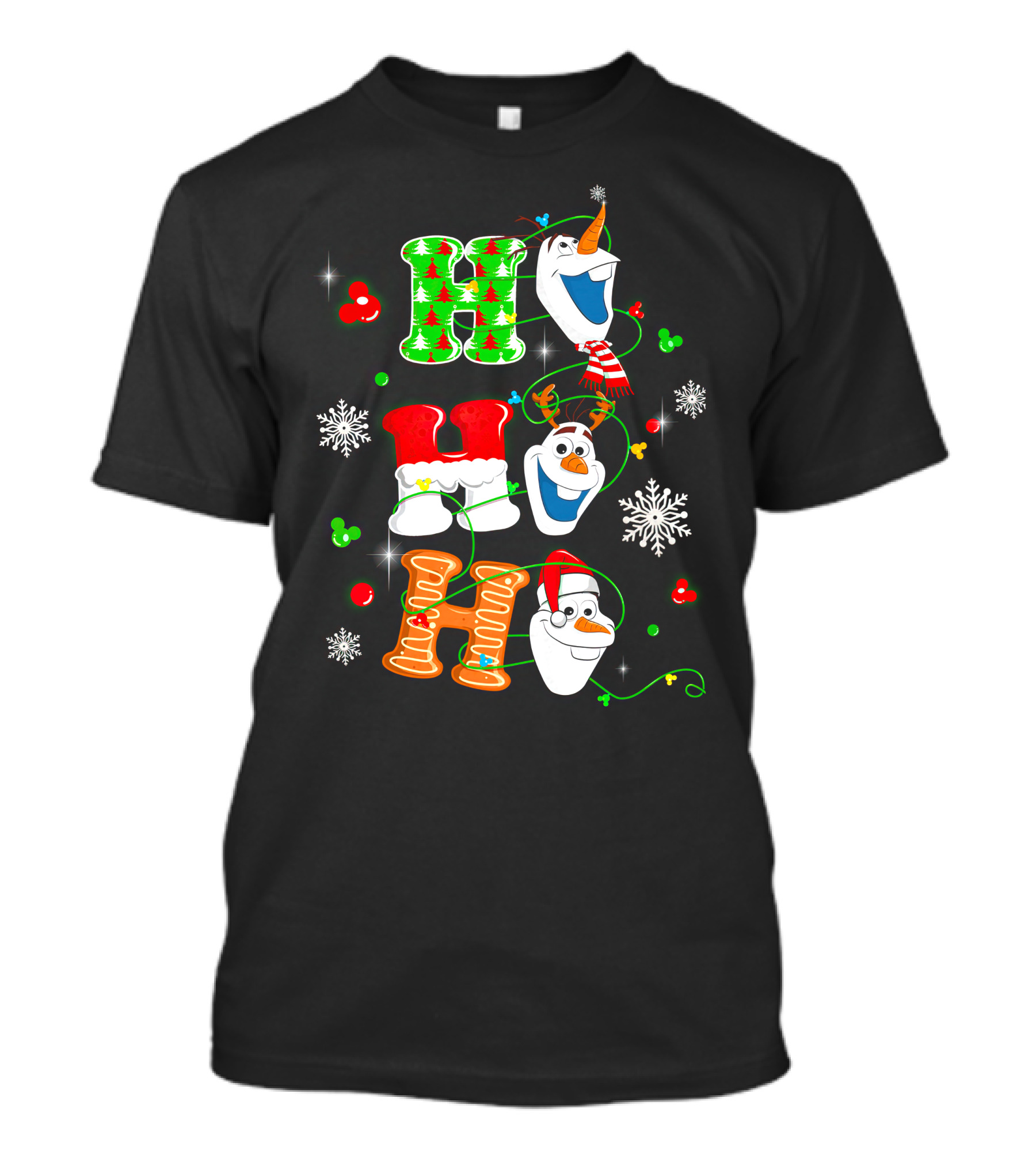H H H Olaf Snowman With Christmas Trees And Snowflakes Holiday Theme T-Shirt