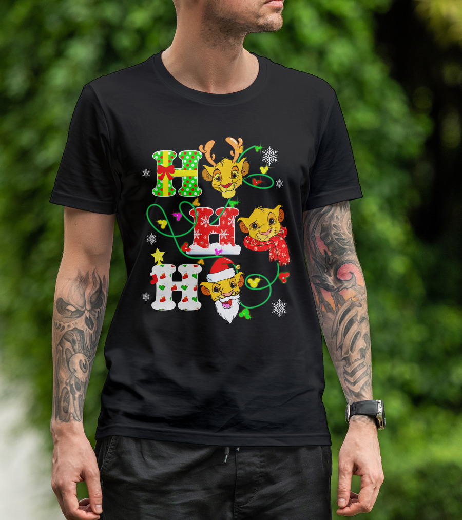 Ho Ho Ho Christmas Simba With Reindeer And Santa Hat T-Shirt