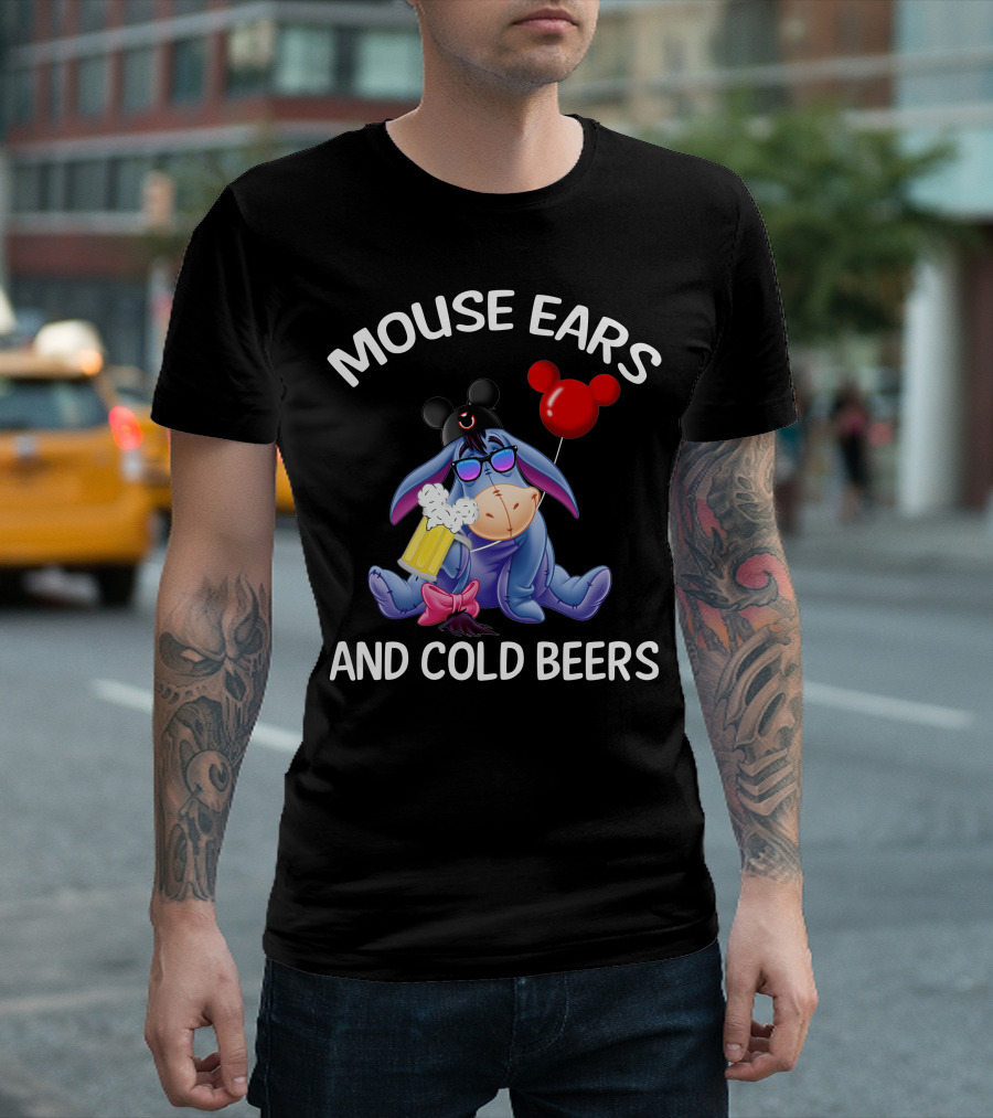 Mouse Ears And Cold Beers Eeyore With Mickey Hat And Balloon T-Shirt