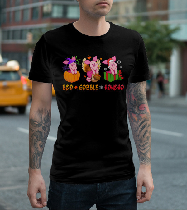 Boo Gobble Hohoho Piglet Halloween Thanksgiving Christmas T-Shirt
