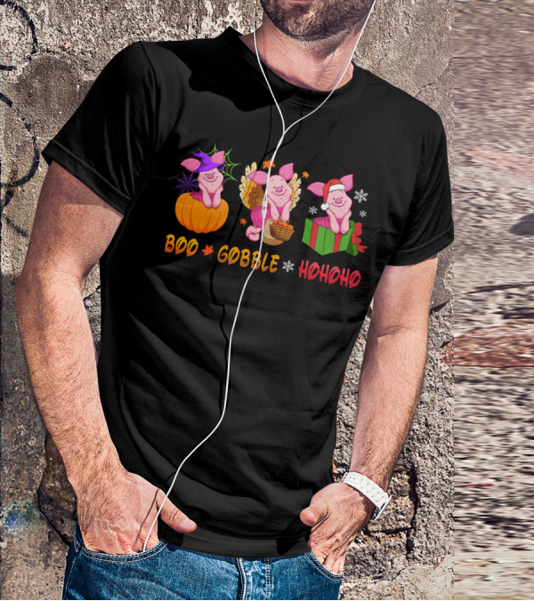 Boo Gobble Hohoho Piglet Halloween Thanksgiving Christmas T-Shirt