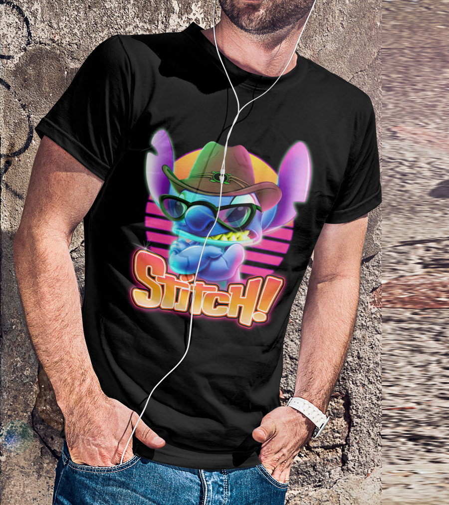 Stitch Neon Retro Cowboy Style With Sunglasses T-Shirt
