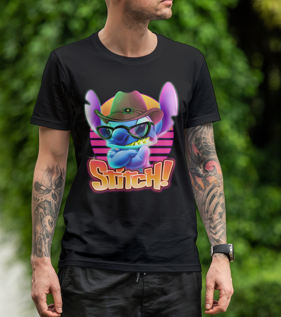 Stitch Neon Retro Cowboy Style With Sunglasses T-Shirt