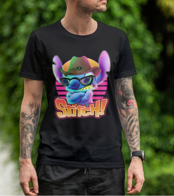Stitch Neon Retro Cowboy Style With Sunglasses T-Shirt