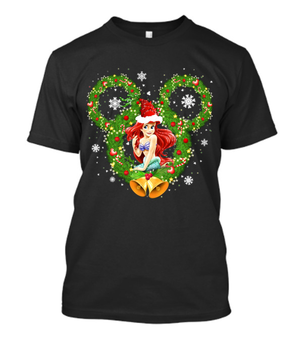 Ariel Christmas Holiday Wreath With Mickey Ears And Festive Bells T-Shirt