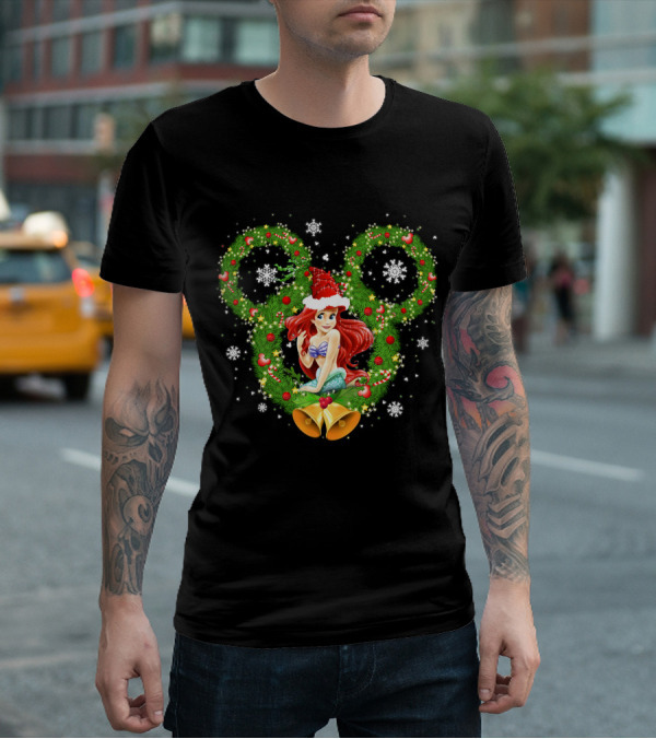 Ariel Christmas Holiday Wreath With Mickey Ears And Festive Bells T-Shirt