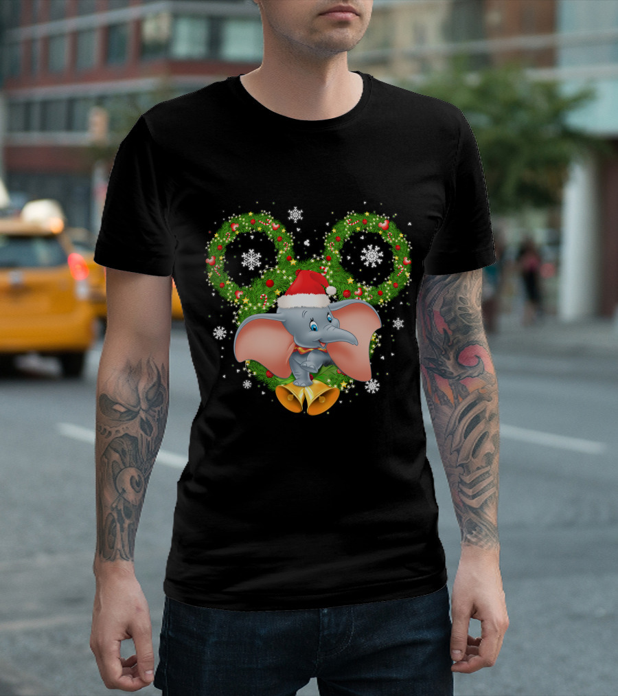 Dumbo Christmas Santa Hat Holiday Wreath Snowflakes T-Shirt