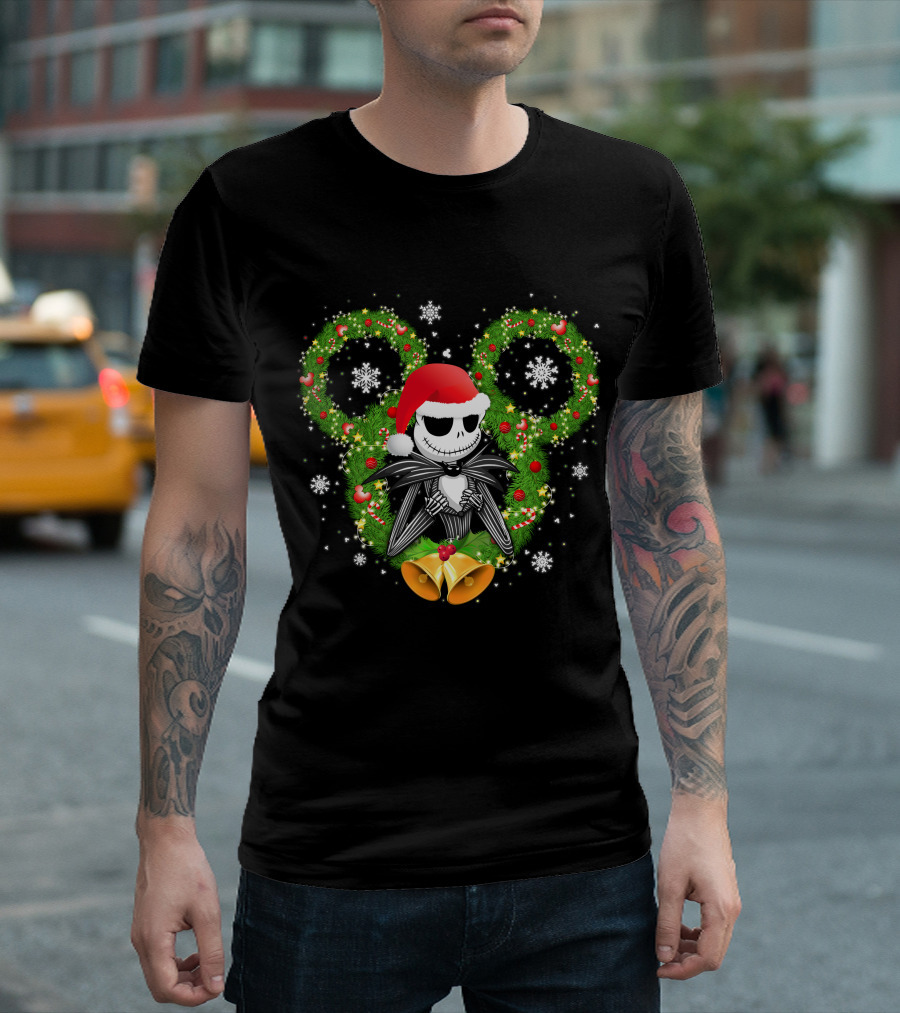 Jack Skellington Santa Hat Christmas Wreath Mickey Ears T-Shirt