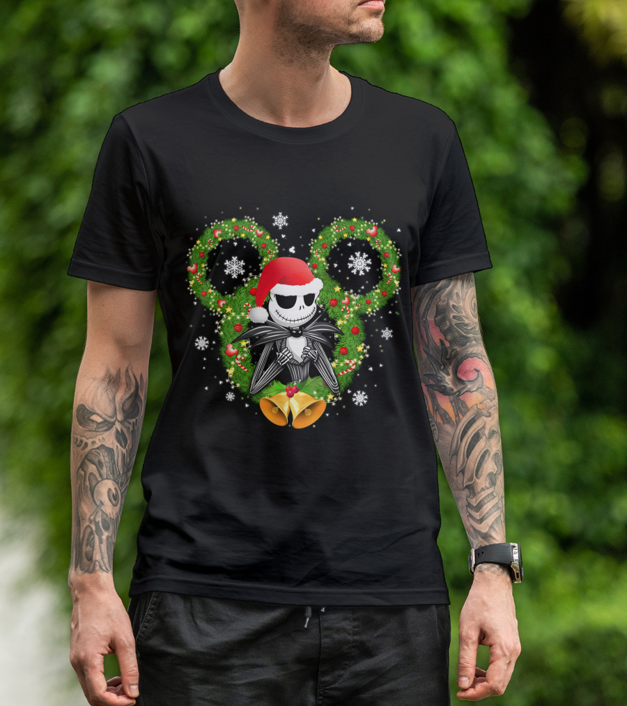 Jack Skellington Santa Hat Christmas Wreath Mickey Ears T-Shirt