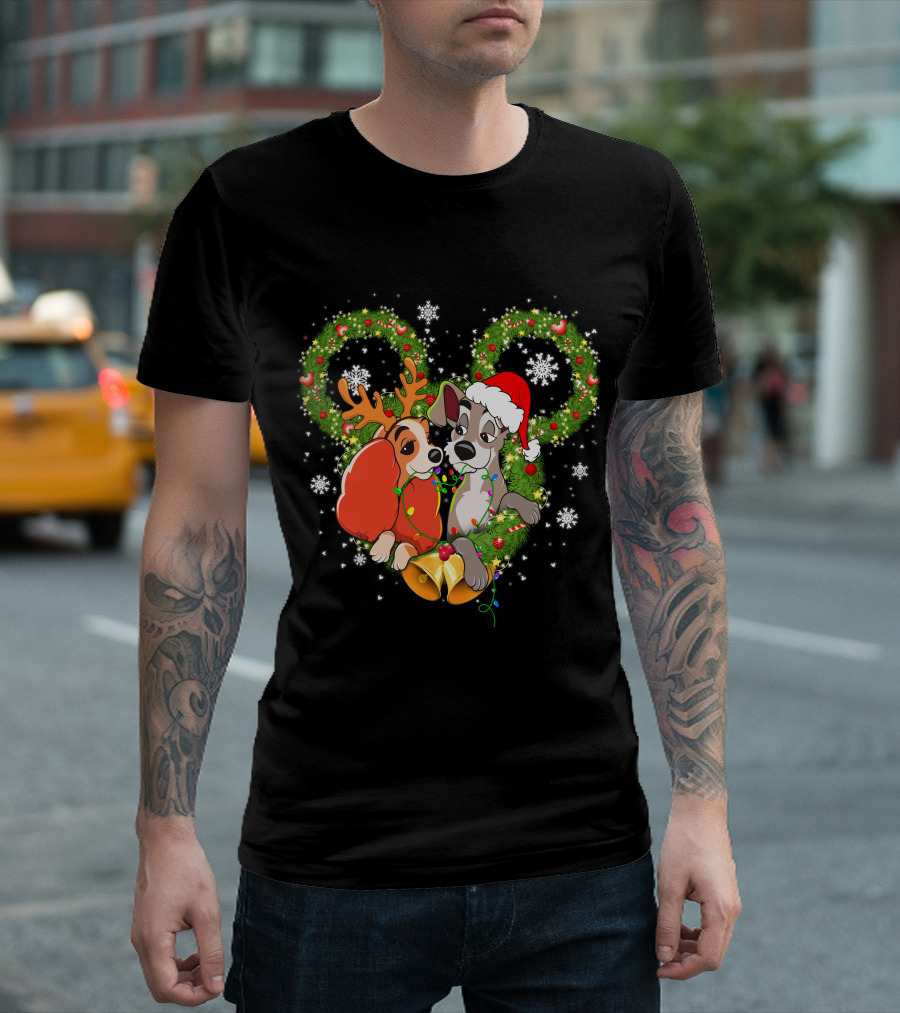 Lady And The Tramp Christmas Wreath Mickey Ears Snowflakes T-Shirt