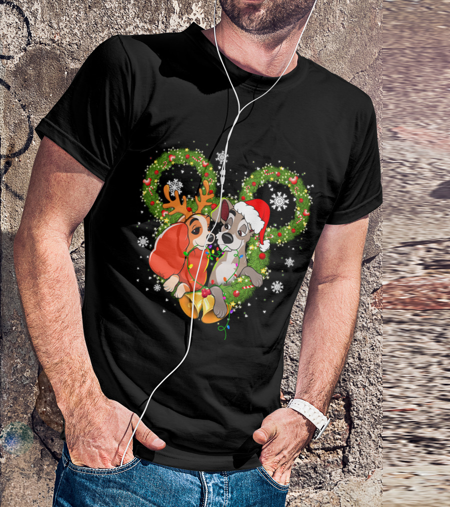 Lady And The Tramp Christmas Wreath Mickey Ears Snowflakes T-Shirt