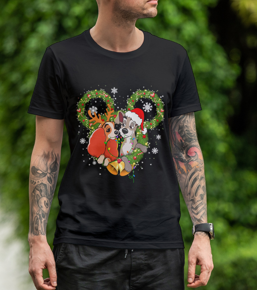 Lady And The Tramp Christmas Wreath Mickey Ears Snowflakes T-Shirt