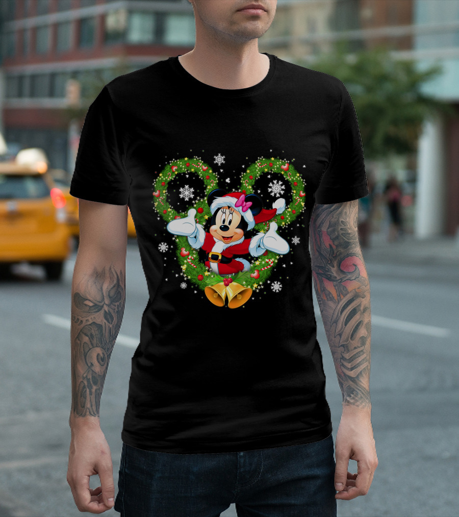 Minnie Mouse Christmas Wreath Santa Snowflakes Bow Bells T-Shirt