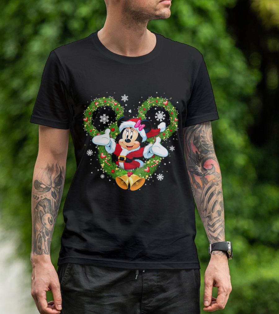 Minnie Mouse Christmas Wreath Santa Snowflakes Bow Bells T-Shirt