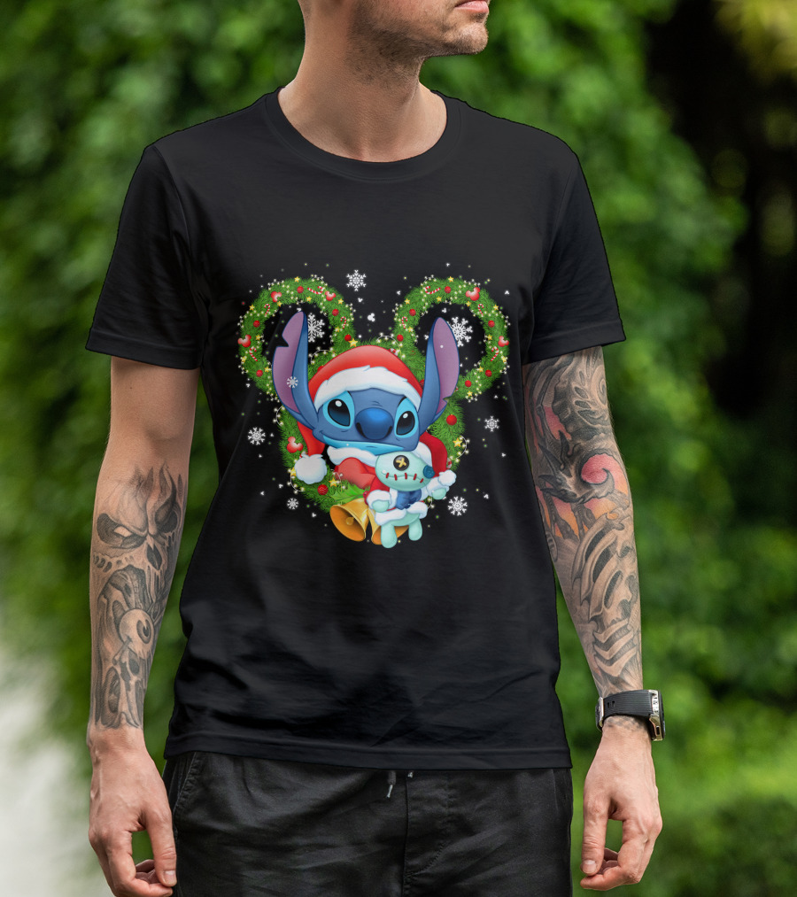 Stitch Santa Christmas Wreath Lilo And Stitch Disney Holiday T-Shirt