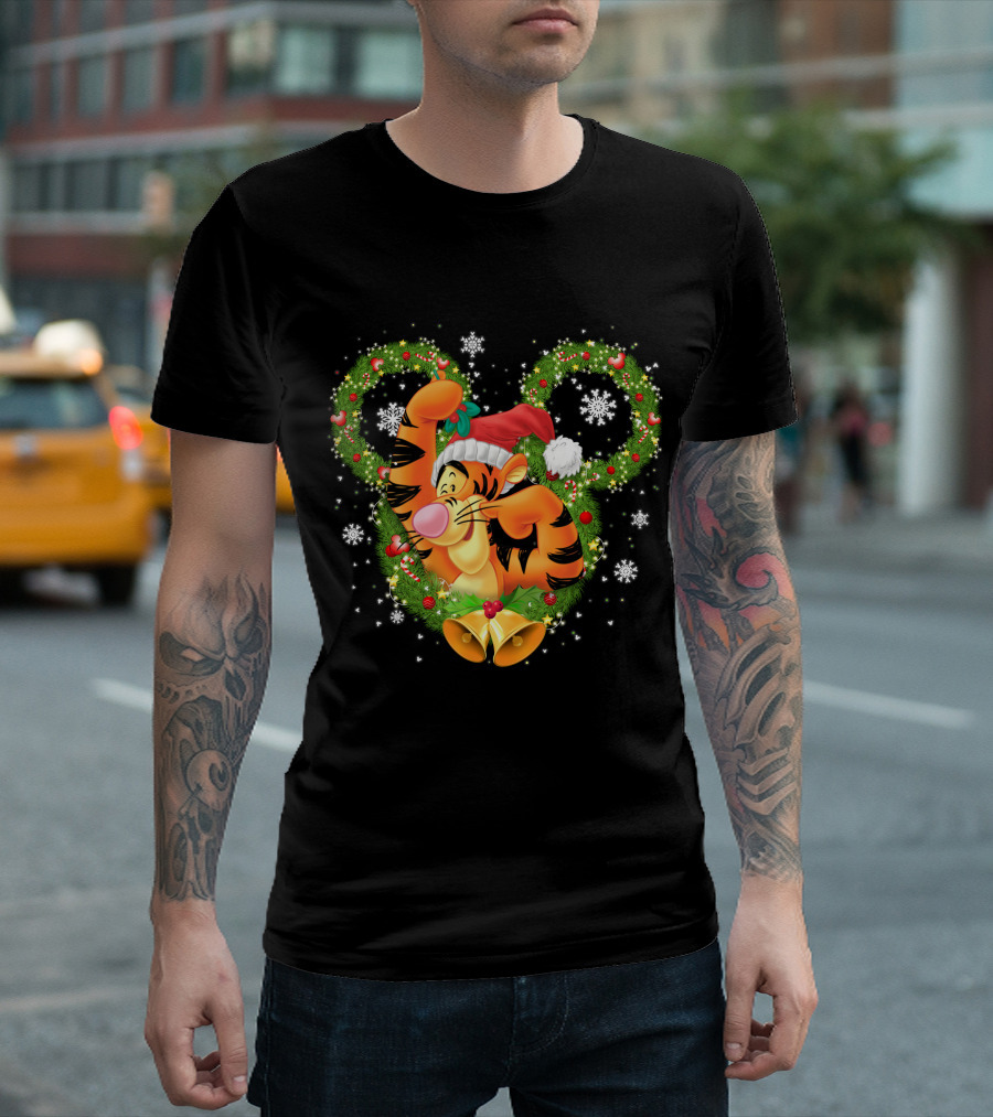 Tigger Christmas Mickey Ears Snowflakes Santa Hat Wreath T-Shirt