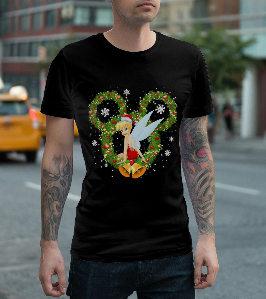 Tinker Bell Christmas Wreath With Santa Hat And Snowflakes T-Shirt