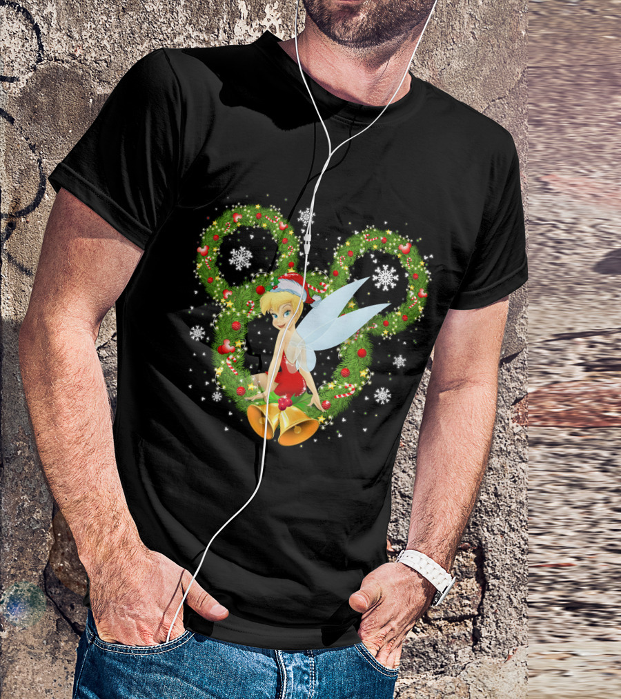Tinker Bell Christmas Wreath With Santa Hat And Snowflakes T-Shirt