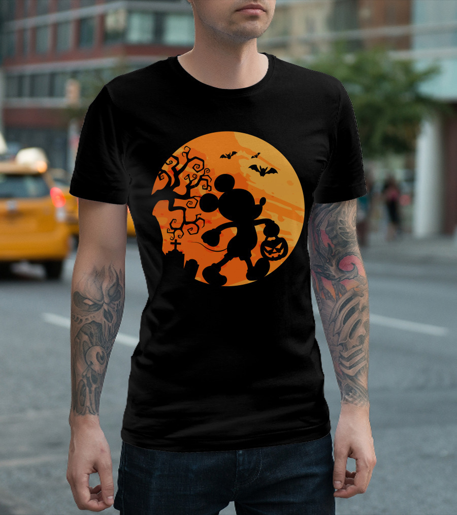 Halloween 54 Mickey Mouse Silhouette With Pumpkin And Bats T-Shirt
