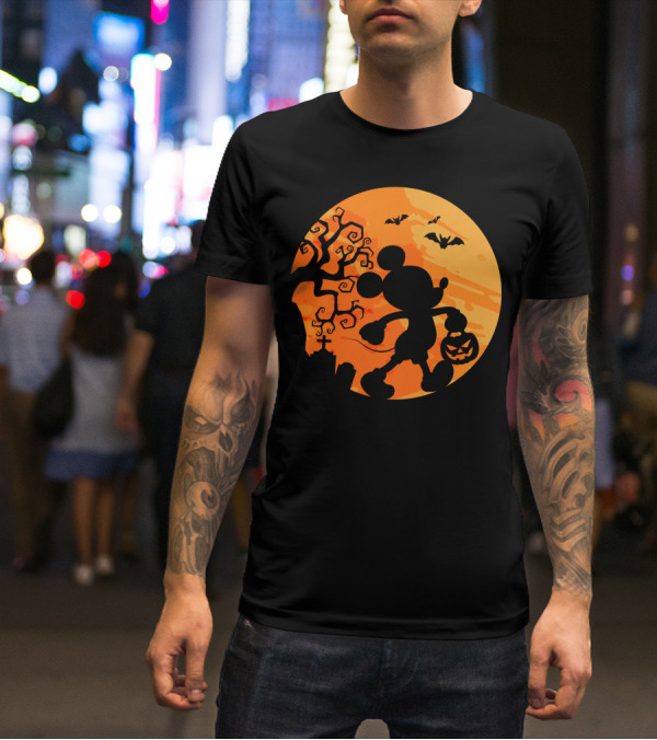 Halloween 54 Mickey Mouse Silhouette With Pumpkin And Bats T-Shirt