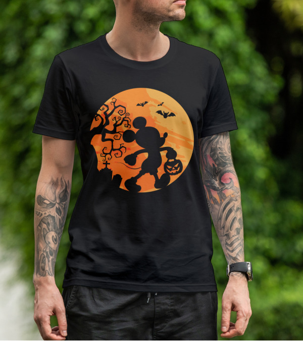 Halloween 54 Mickey Mouse Silhouette With Pumpkin And Bats T-Shirt