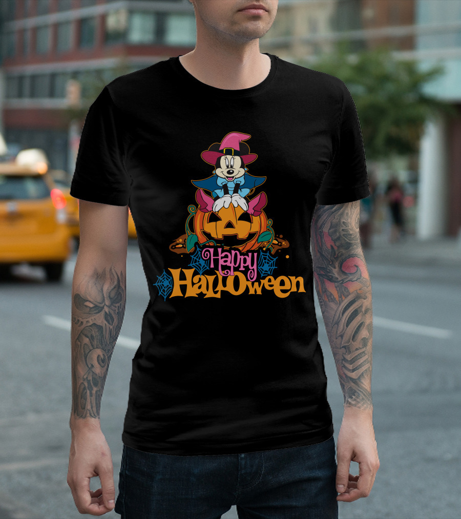 Happy Halloween 63 Mickey Mouse On Jack-O'-Lantern With Witch Hat And Spider Webs T-Shirt