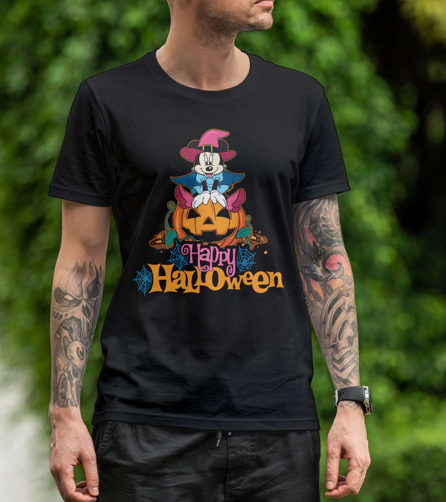Happy Halloween 63 Mickey Mouse On Jack-O'-Lantern With Witch Hat And Spider Webs T-Shirt