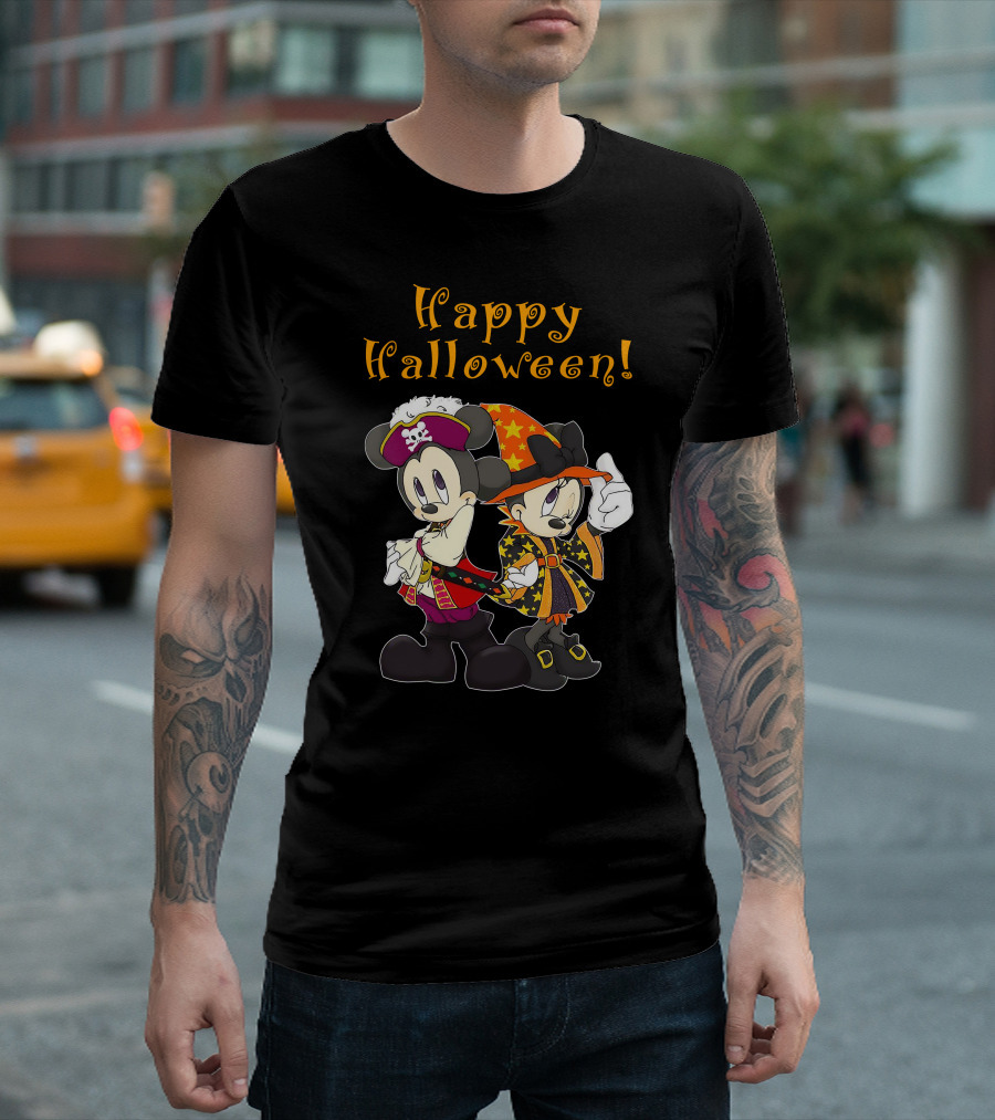 Happy Halloween Mickey And Minnie Mouse Pirate And Witch Costume T-Shirt