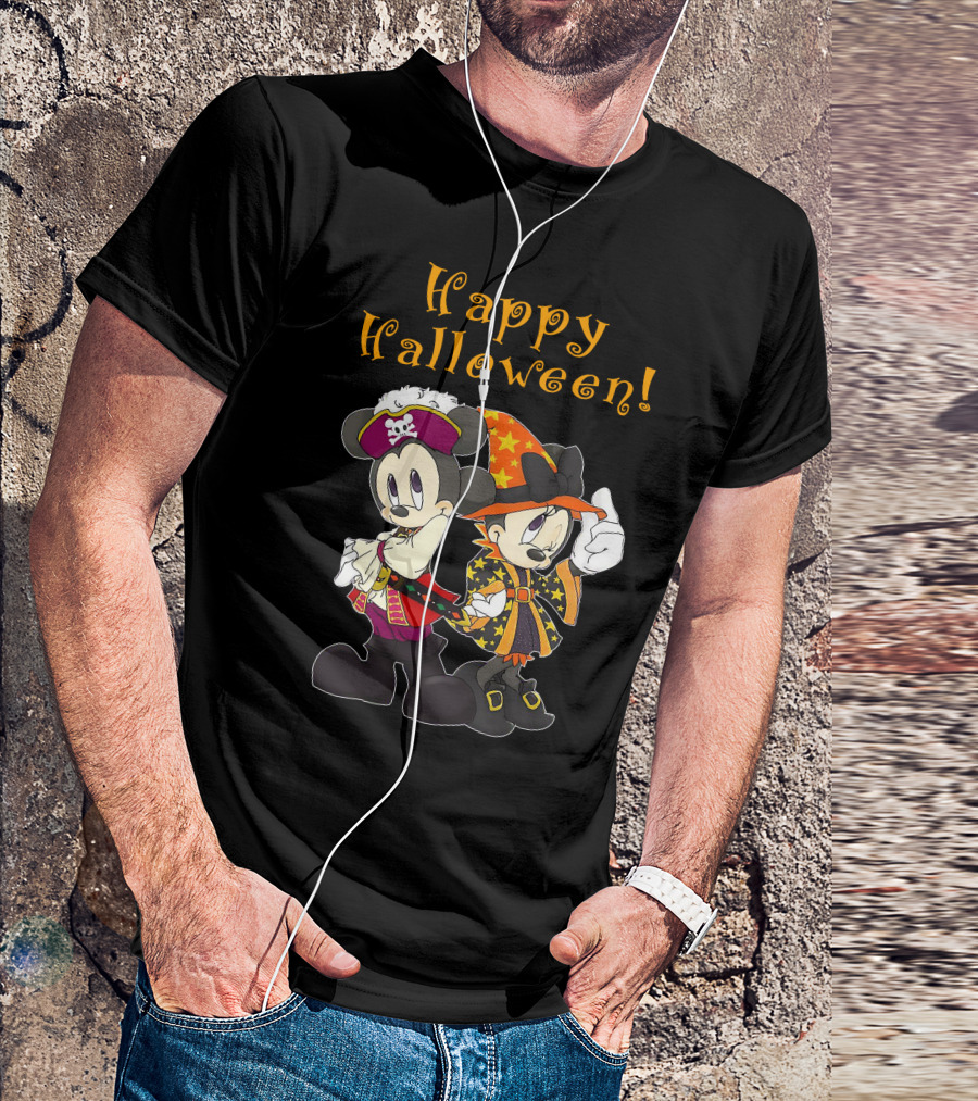 Happy Halloween Mickey And Minnie Mouse Pirate And Witch Costume T-Shirt