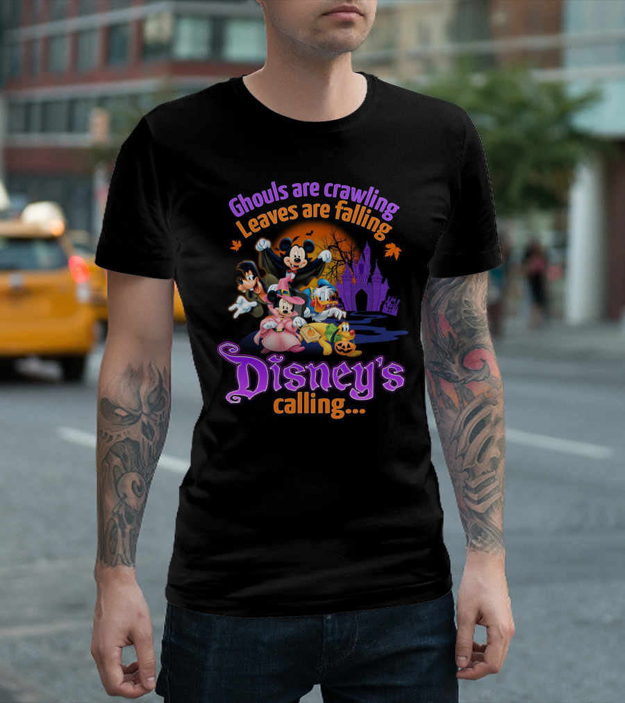 Ghouls Are Crawling Leaves Are Falling Disney's Calling With Mickey Mouse Minnie Mouse Goofy And Donald Duck Castle And Pumpkins T-Shirt