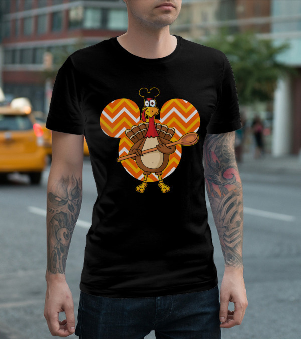 Thanksgiving Turkey With Spoon And Mickey Ears On Chevron T-Shirt