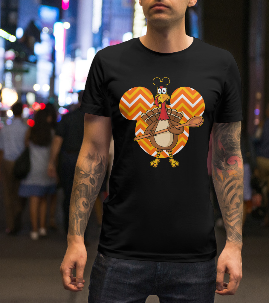 Thanksgiving Turkey With Spoon And Mickey Ears On Chevron T-Shirt