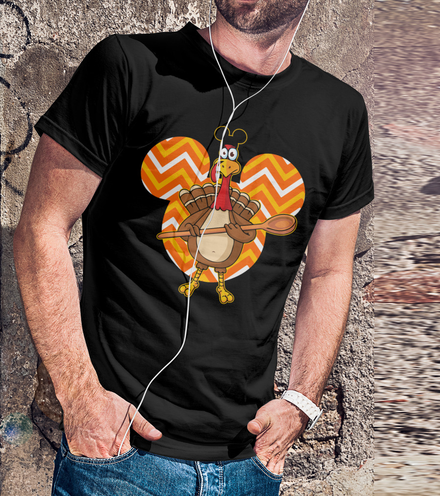 Thanksgiving Turkey With Spoon And Mickey Ears On Chevron T-Shirt