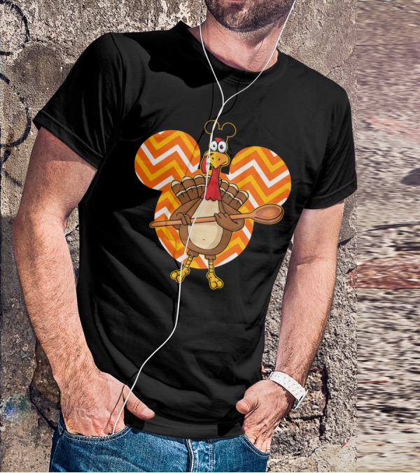 Thanksgiving Turkey With Spoon And Mickey Ears On Chevron T-Shirt