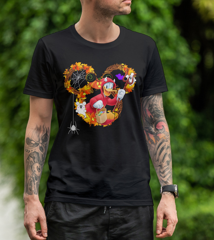 Donald Halloween Devil Costume With Mickey Pumpkin And Autumn Leaves T-Shirt