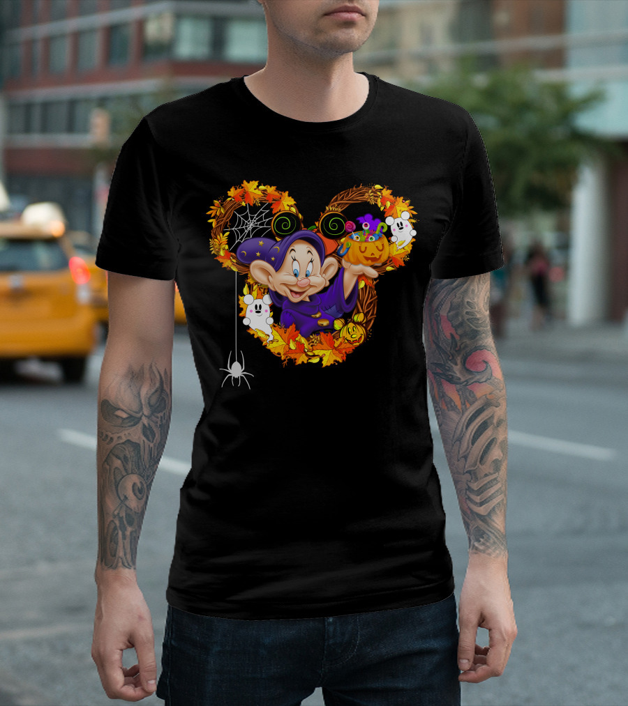 Dopey Halloween Mickey Ears Autumn Leaves Ghosts And Pumpkins T-Shirt