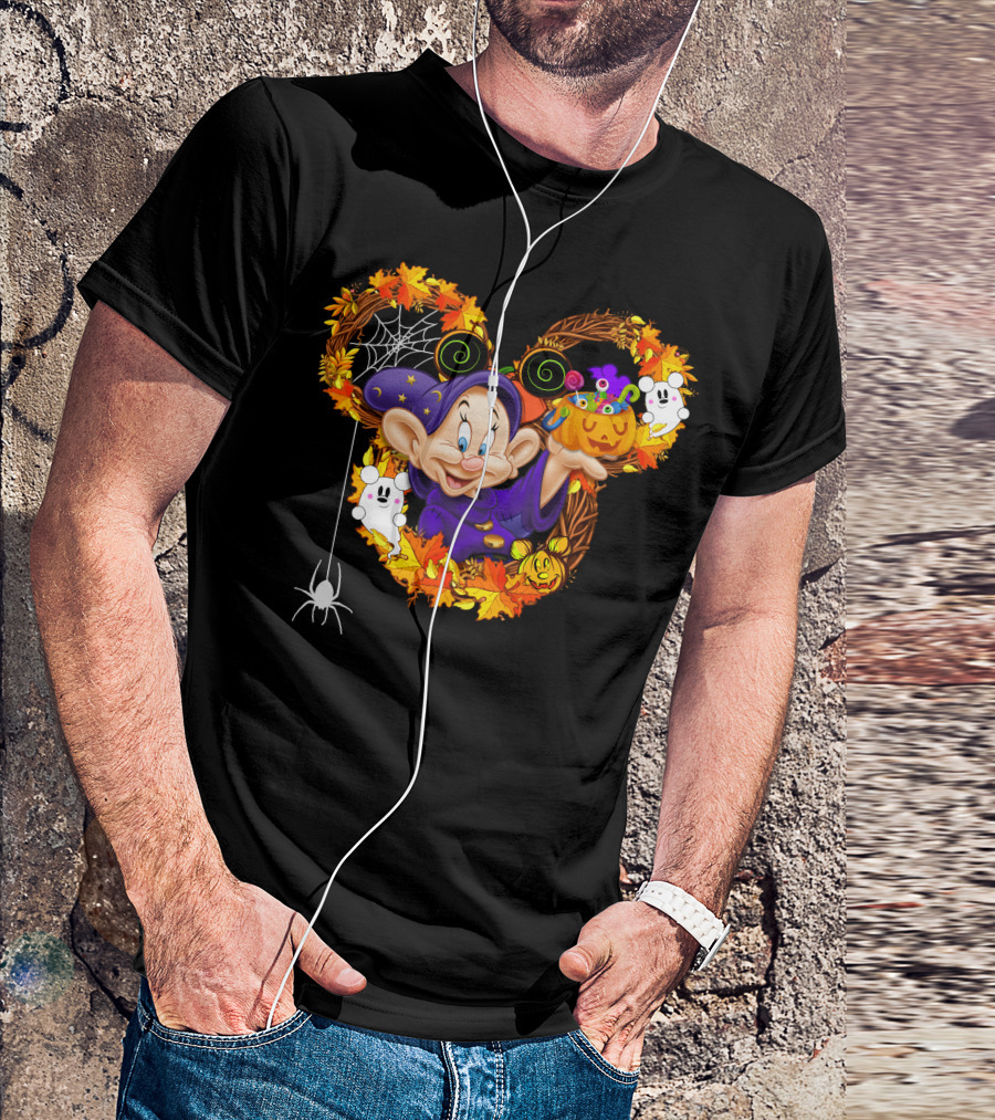 Dopey Halloween Mickey Ears Autumn Leaves Ghosts And Pumpkins T-Shirt