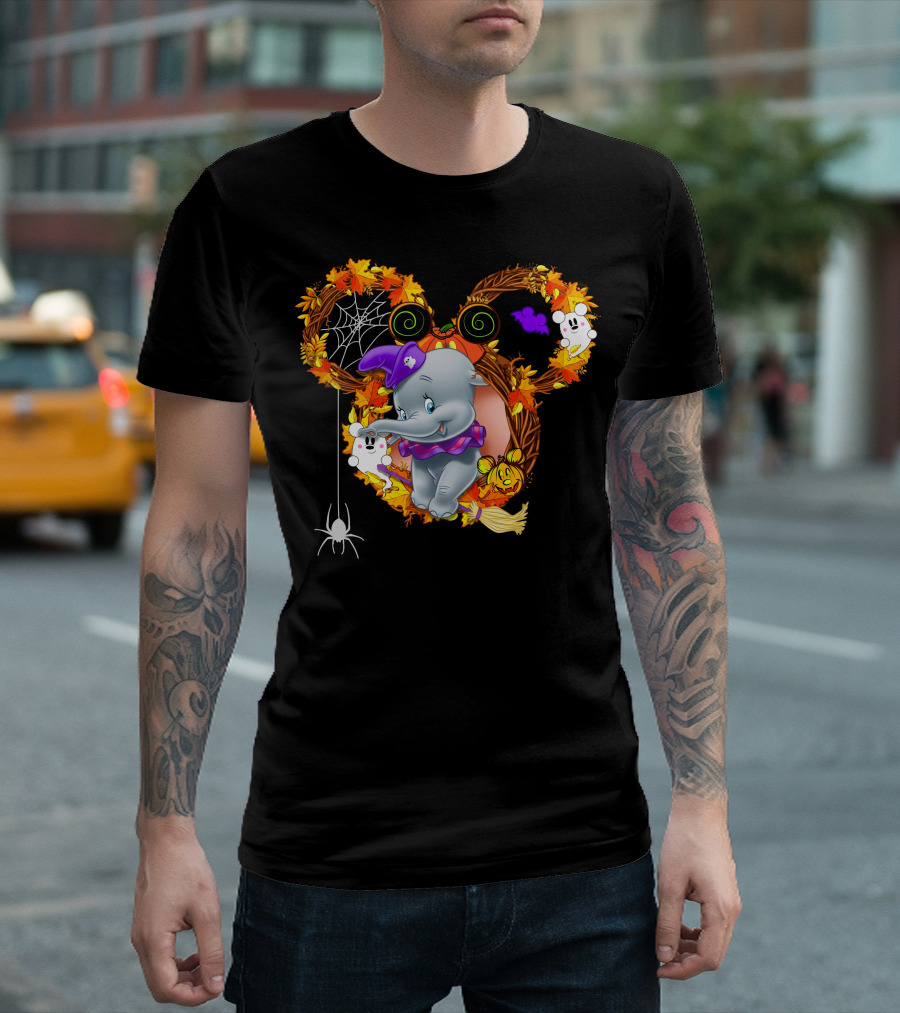 Dumbo Halloween Mickey Ears Fall Leaves Wreath With Ghosts And Spider Web T-Shirt