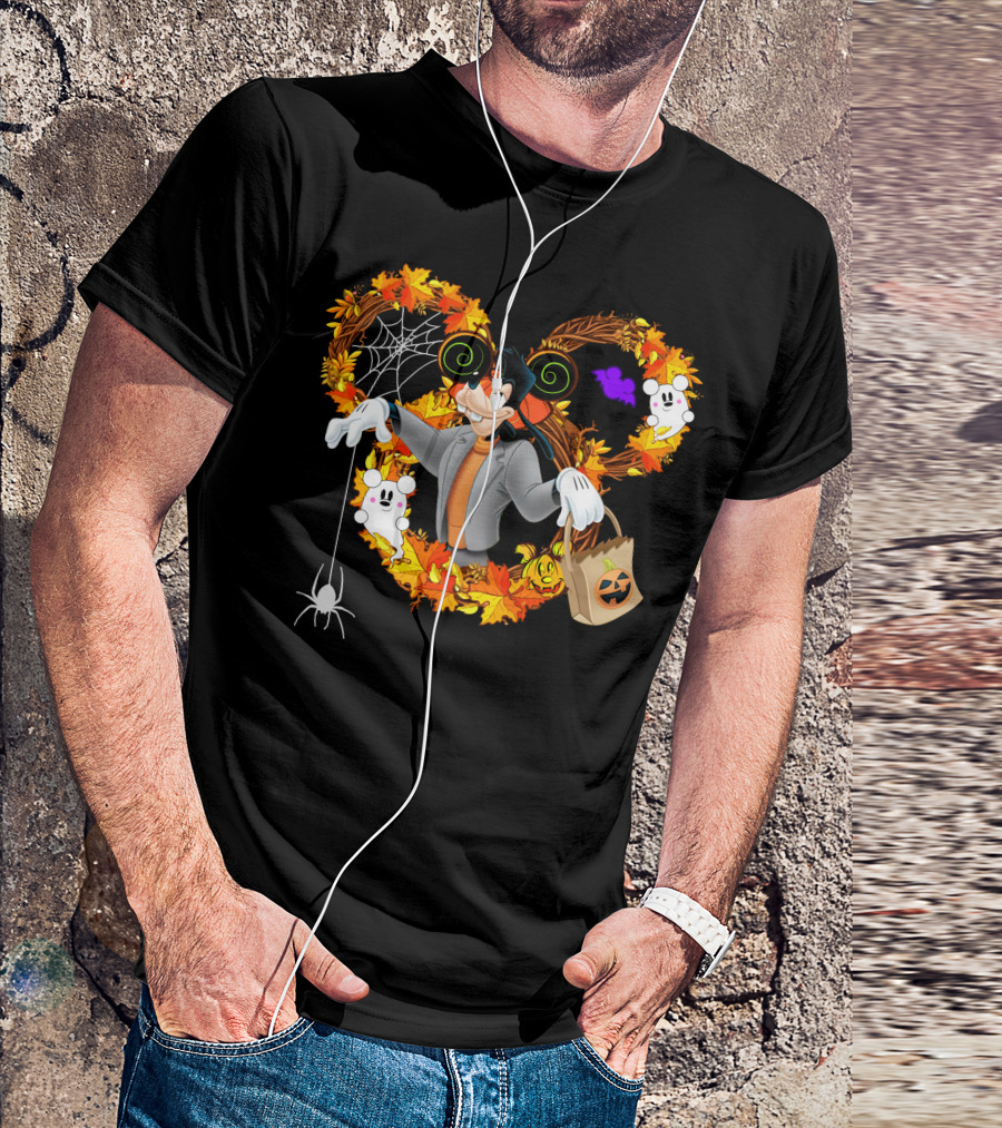 Halloween Goofy In Heart Of Autumn Leaves With Ghosts And Spider T-Shirt