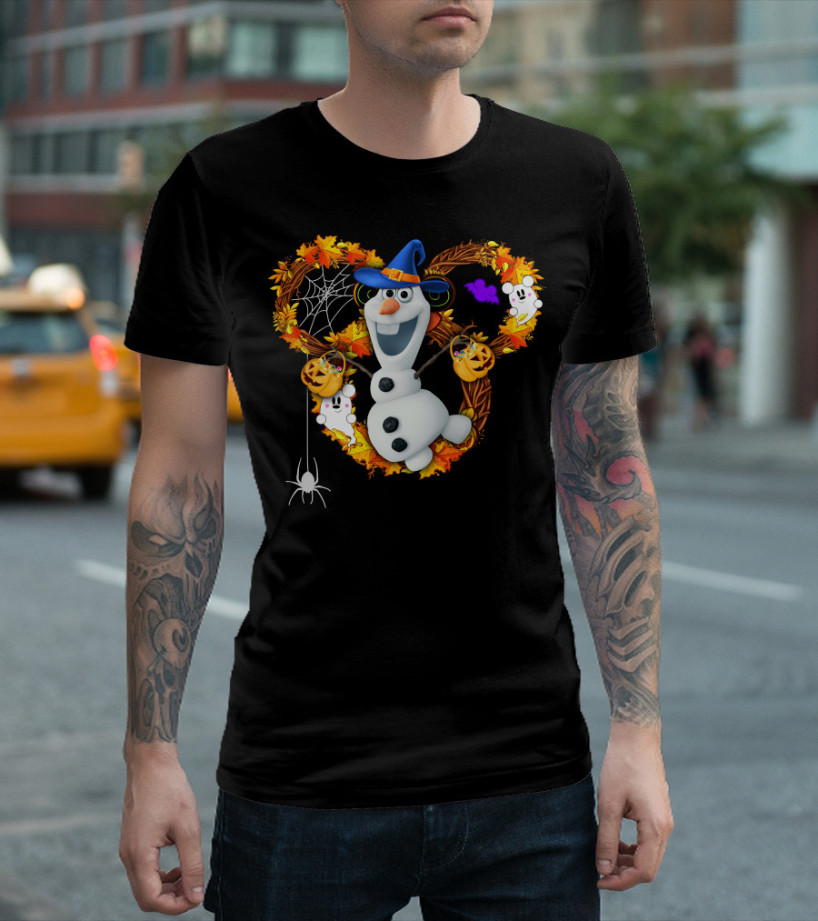 Olaf Halloween Witch Hat Pumpkin Candy Ghosts Spider Web Fall Leaves T-Shirt