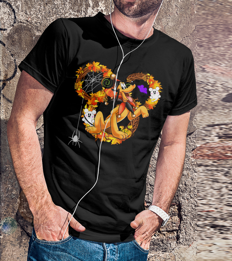 Pluto Halloween Autumn Wreath With Ghosts And Spiderweb T-Shirt