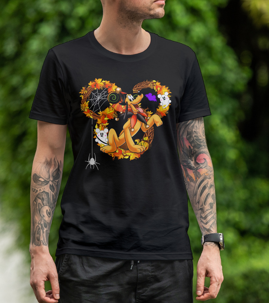 Pluto Halloween Autumn Wreath With Ghosts And Spiderweb T-Shirt