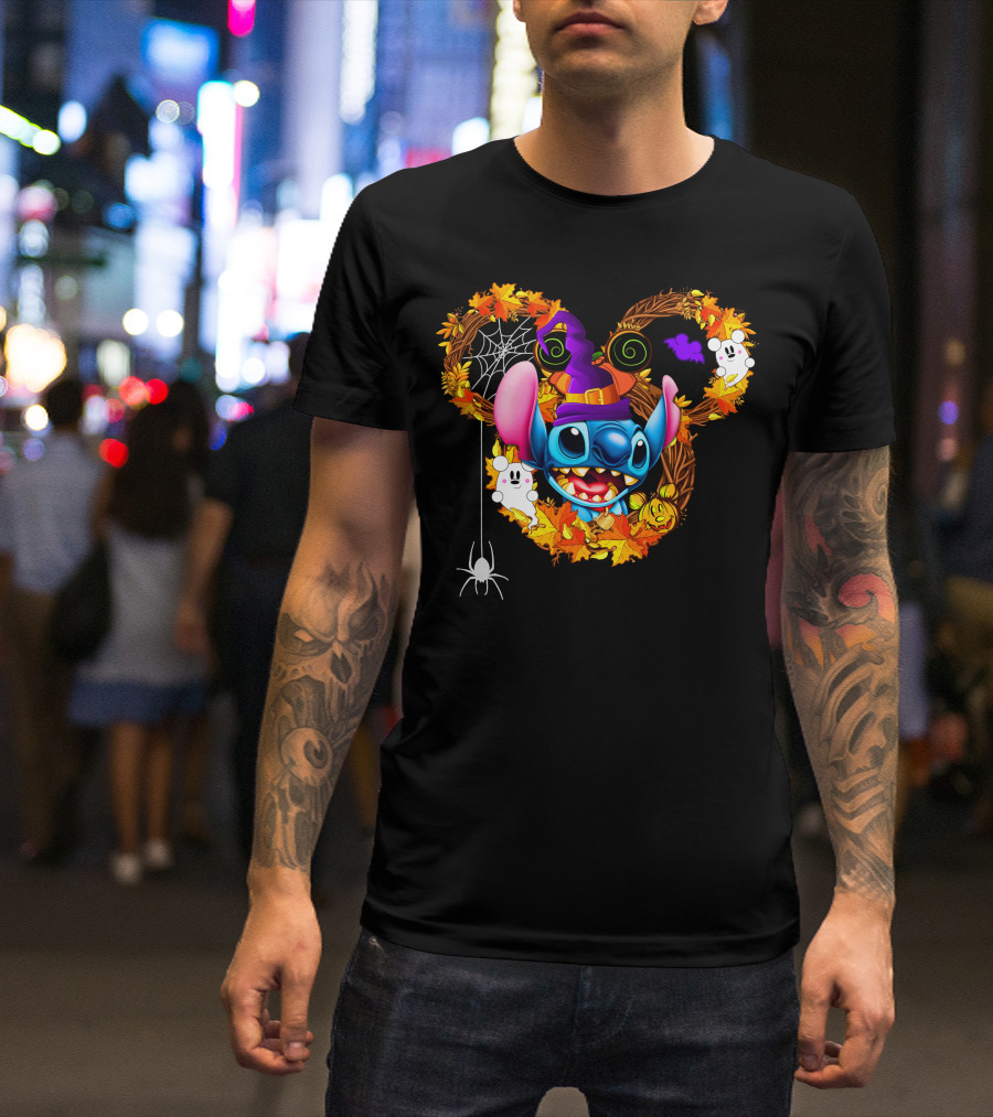 Stitch Halloween Mickey Mouse Ears With Spooky Autumn Leaves And Spider Web T-Shirt
