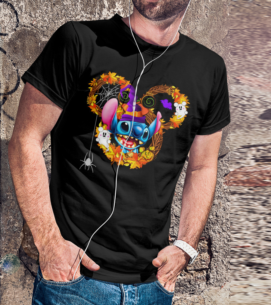 Stitch Halloween Mickey Mouse Ears With Spooky Autumn Leaves And Spider Web T-Shirt