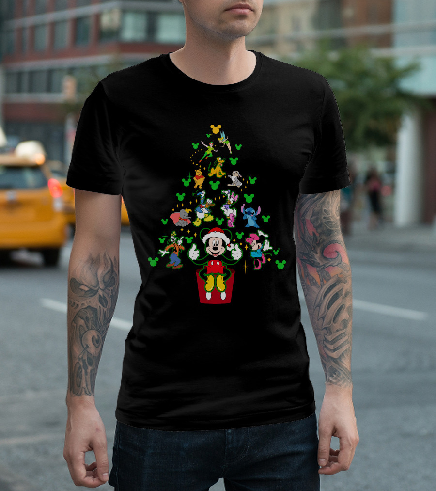 Merry Christmas 42 Disney Characters Tree Mickey Mouse Santa Minnie Stitch Tinker Bell Goofy Pluto Dumbo Winnie The Pooh T-Shirt