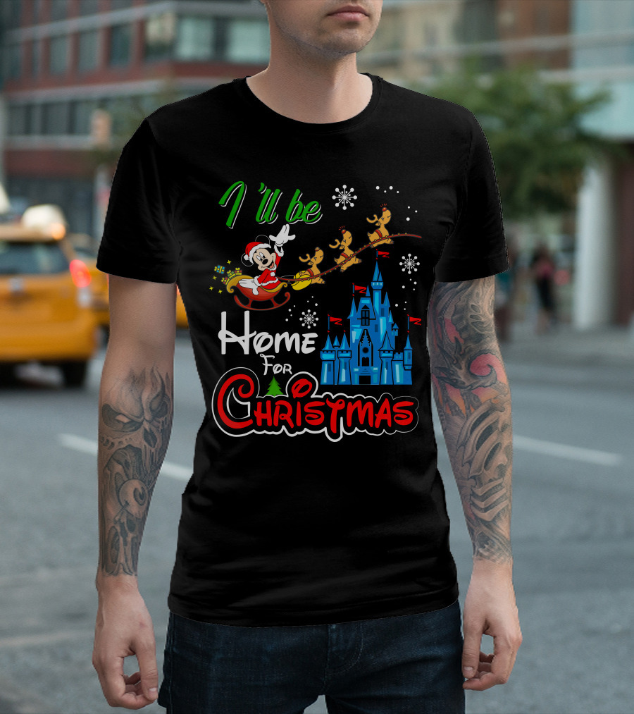 I'll Be Home For Christmas Mickey Mouse Santa Sleigh Castle Reindeer Snowflakes T-Shirt