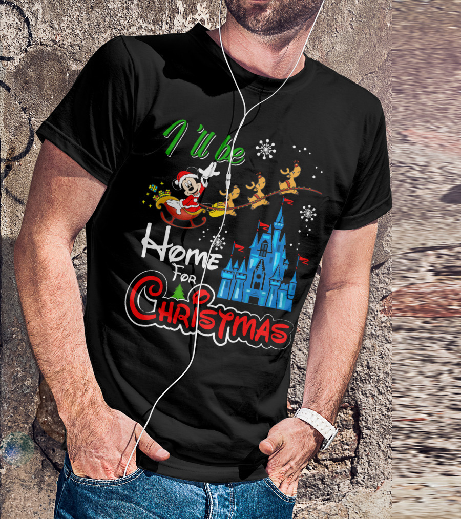I'll Be Home For Christmas Mickey Mouse Santa Sleigh Castle Reindeer Snowflakes T-Shirt